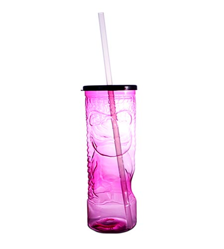 BARCONIC® DRINKWARE PINK PLASTIC TIKI CUP W/ LID AND STRAW - 24 OUNCE