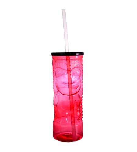 BARCONIC® DRINKWARE - RED PLASTIC TIKI CUP W/ LID AND STRAW - 24 OUNCE